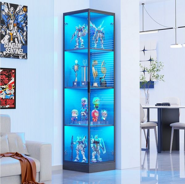 BROTTAR Eckvitrine Glasvitrine mit LED Beleuchtung und menschlicher Sensor aus MDF - Holz und Acryl, einfache Montage, schwarz