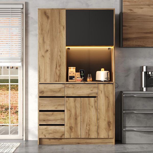 Merax Küchenschrank mit 4-stöckigem Auszieh-Gewürzregal, verstellbaren Einlegeböden, LED-Beleuchtung & Steckdose, Natur, 185x105x40 cm