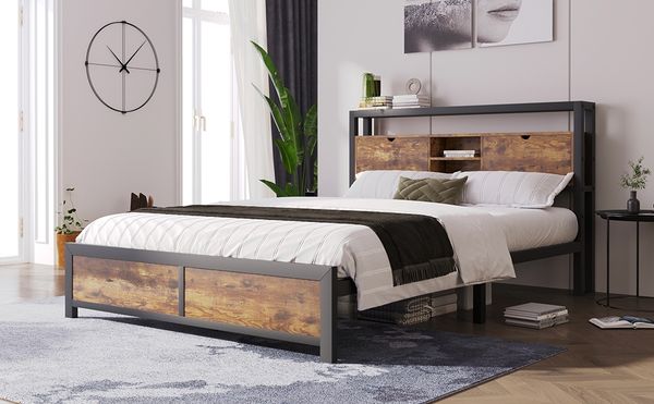 Bett 140×200 cm mit Stauraum-Kopfteil, Metall-Lattenrost & Unterbett-Stauraum, Natur