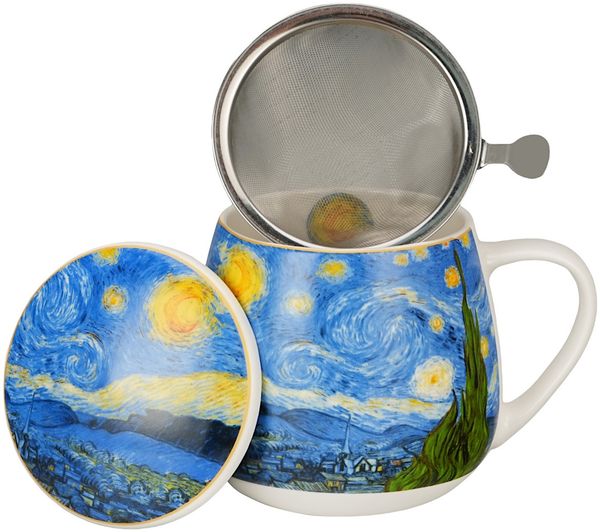 DUO ART GALLERY Fassbecher 430 ml mit Teesieb STARRY NIGHT inspired by Van Gogh, New Bone China Porzellan