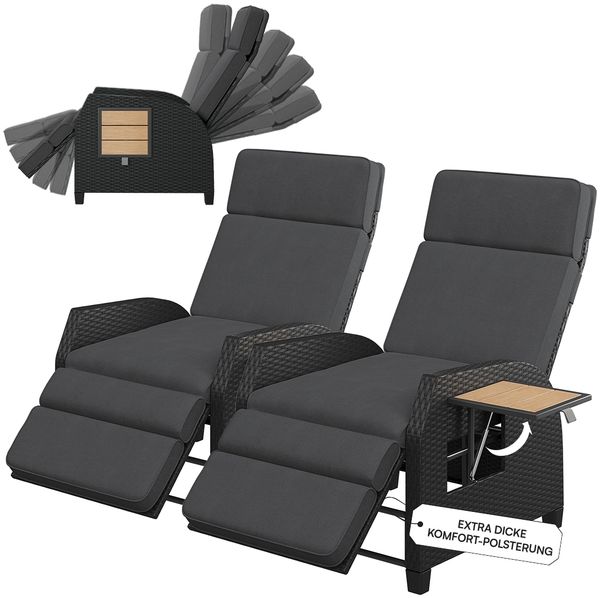 STEELSØN 'Caelum' Polyrattan Sessel mit Liegefunktion, schwarz/Akazie, verstellbare Rückenlehne, inkl. Polster, Ausklapptisch, wetterfest, 2er Set