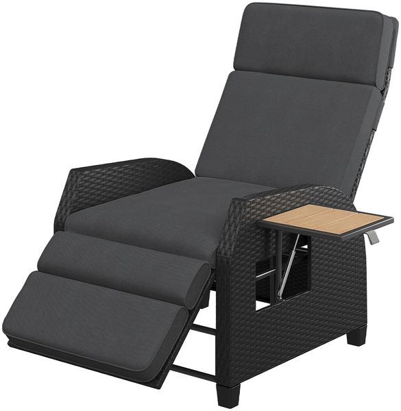 STEELSØN 'Caelum' Polyrattan Sessel mit Liegefunktion, schwarz/Akazie, verstellbare Rückenlehne, inkl. Polster, Ausklapptisch, wetterfest, 2er Set Bild 12