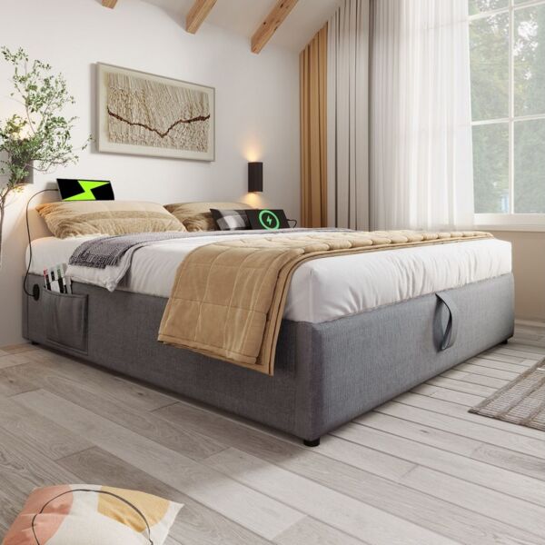 BlingBin Einzelbett Polsterbett (1-tlg, Struraumbett Bettgestell mit USB- C und Vollflächiger Lattenrost), 160×200 cm, Ohne Kopfteil, Baumwolle