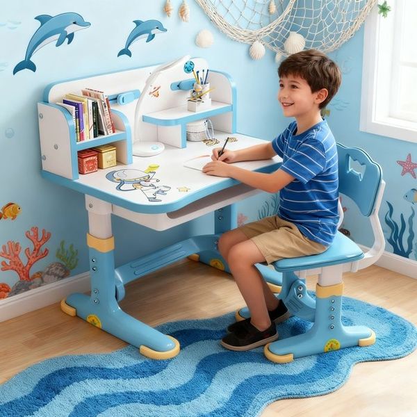 Verstellbares Kinderschreibtisch-Set mit Stuhl, höhenverstellbar für eine ergonomische Lernhaltung, Blau, 75 × 48 × 101 cm