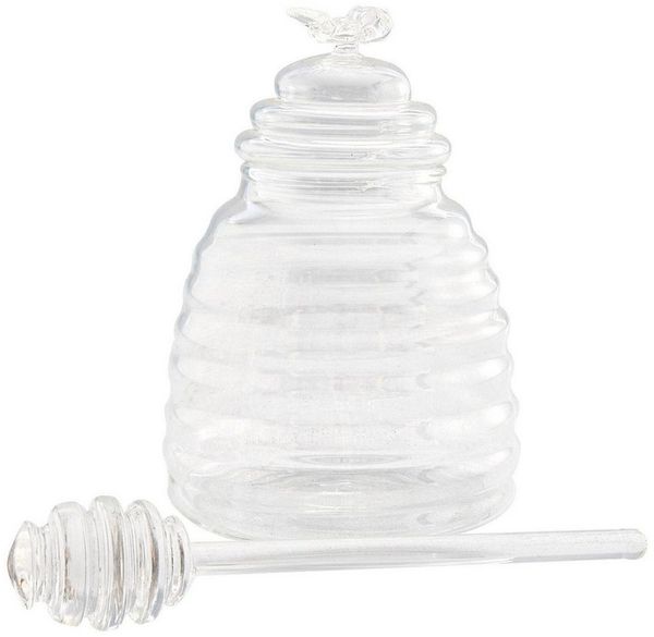 HIT Trading Honigglas HONEY, Ø 11 x H 15,5 cm, Glas, Transparent, 400 ml, Glas, mit Deckel und Honiglöffel