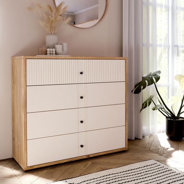 Forte RANKIN Kommode 100 110, Kommode mit 4 Schubladen, Modernes Sideboard, Holzwerkstoff, Mauvella Eiche Holzdekor / Sand, 104,8 cm breit x 95,9 cm hoch x 42 cm tief