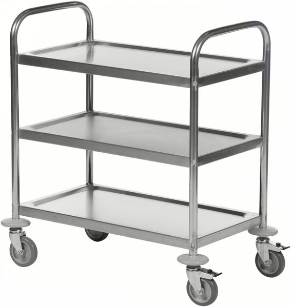 Kongamek Edelstahl- Tischwagen rostfrei mit 3 Böden 685x380mm mit Polyurethanbereifung und Bremse