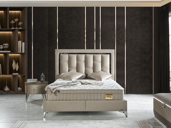 Schlafzimmer-Set "Tiva" – Bett mit Bettkasten und Matratze , Nachttisch, Bettbank-Beige