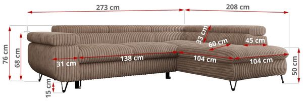 Mks Möbel 'Peter L-form' Ecksofa mit Bettfunktion, Bettkasten & einstellbaren Kopfstützen, Braun, Cord, links Bild 7