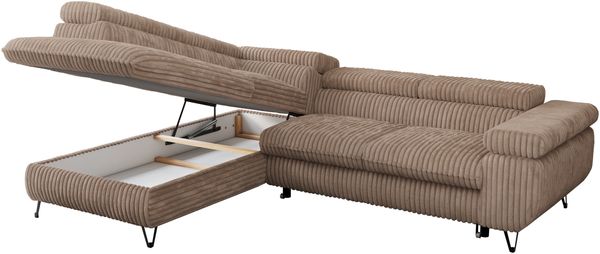 Mks Möbel 'Peter L-form' Ecksofa mit Bettfunktion, Bettkasten & einstellbaren Kopfstützen, Braun, Cord, links Bild 5