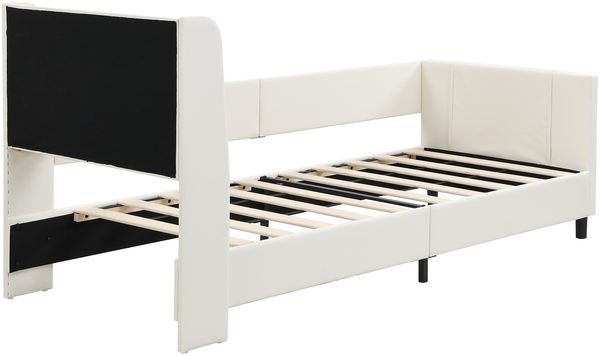 Ausziehbett 90x200 cm, Schlafsofa mit Nachttisch & 3 Taschen, Metall + PU, weiß Bild 7