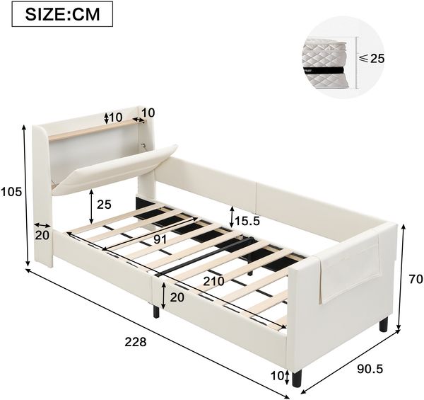 Ausziehbett 90x200 cm, Schlafsofa mit Nachttisch & 3 Taschen, Metall + PU, weiß Bild 4