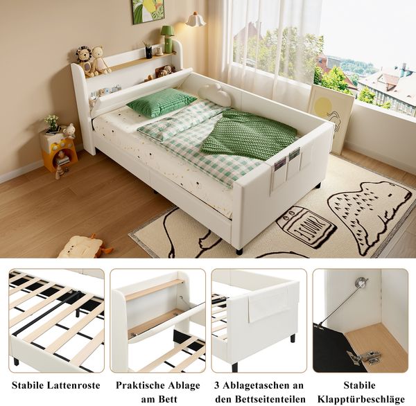Ausziehbett 90x200 cm, Schlafsofa mit Nachttisch & 3 Taschen, Metall + PU, weiß Bild 6
