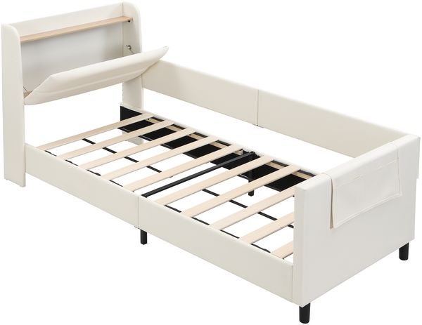 Ausziehbett 90x200 cm, Schlafsofa mit Nachttisch & 3 Taschen, Metall + PU, weiß Bild 8