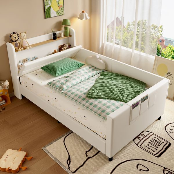 Ausziehbett 90x200 cm, Schlafsofa mit Nachttisch & 3 Taschen, Metall + PU, weiß