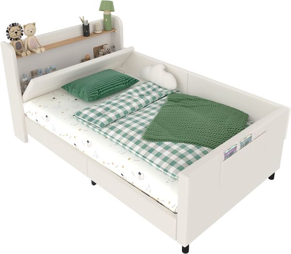 Ausziehbett 90x200 cm, Schlafsofa mit Nachttisch & 3 Taschen, Metall + PU, weiß Bild 5