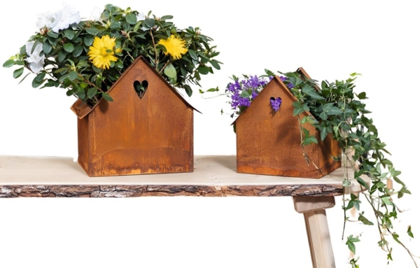 Dekoleidenschaft Blumentopf "Haus" aus Metall mit Rost Finish, Outdoor Pflanztopf, Pflanzgefäß (2 St, im Set), Pflanzer, Gartendeko für Außen