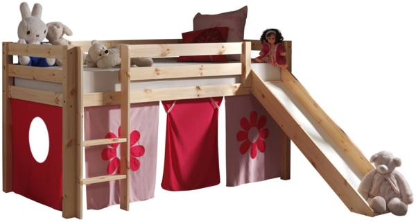 Kinderbett mit Rutsche Karolina Massivholz Natur Textilset Flower
