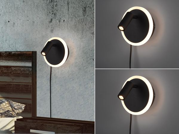 2er SET LED Wandlampen Schwarz mit Leselampe & Stecker, Ø 15cm