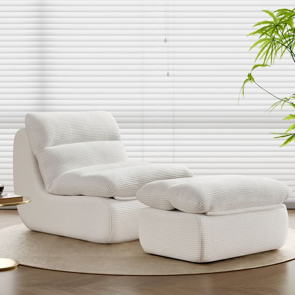Beanbag Sofa aus Cord 101 x 81 x 75 cm in Weiß mit Fußhocker