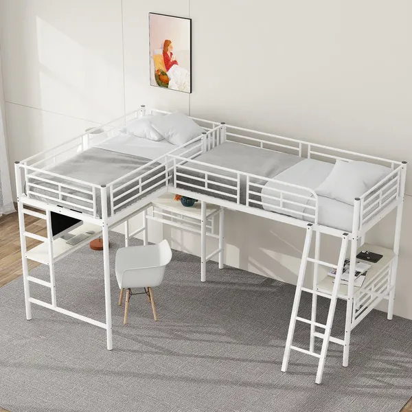 Hochbett mit Schreibtisch, Trittleiter, 2 Liegeflächen, Rausfallschutz und Lattenrost, 90x200cm, Metallbett
