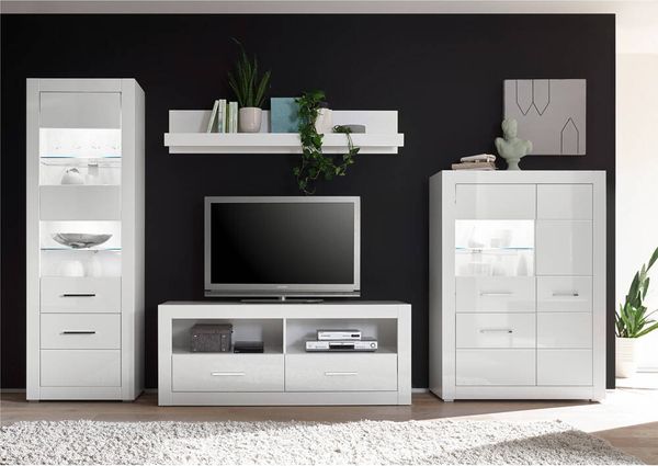 Vitrine BALVE-61 in weiß Hochglanz im modernen Design inkl. LED BxHxT: 100 x 142 x 35 cm