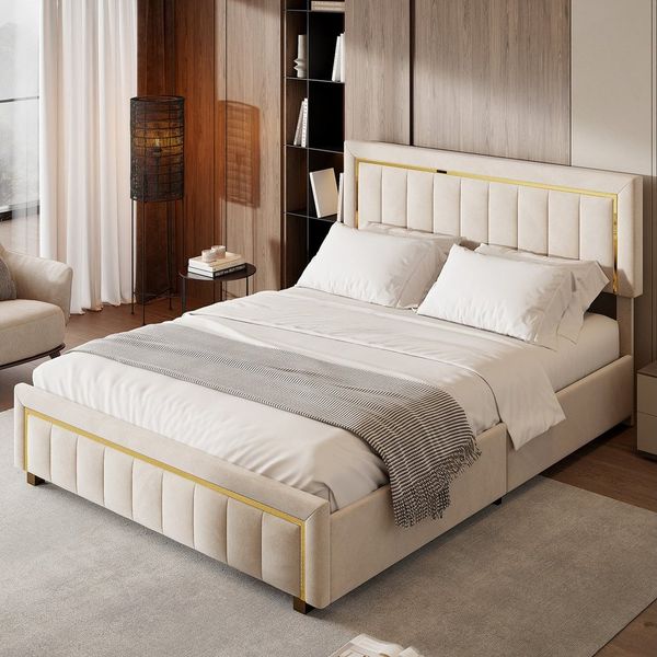Simurq Stauraumbett Polsterbett 160x200 Beige mit Bettkasten, Bettkasten, gepolstertes Kopfteil, Lattenrost