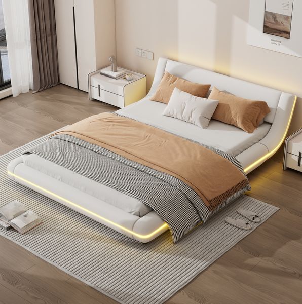 Bodenbett 140x200 cm mit LED-Umgebungslicht – weiß, aus PU und MDF