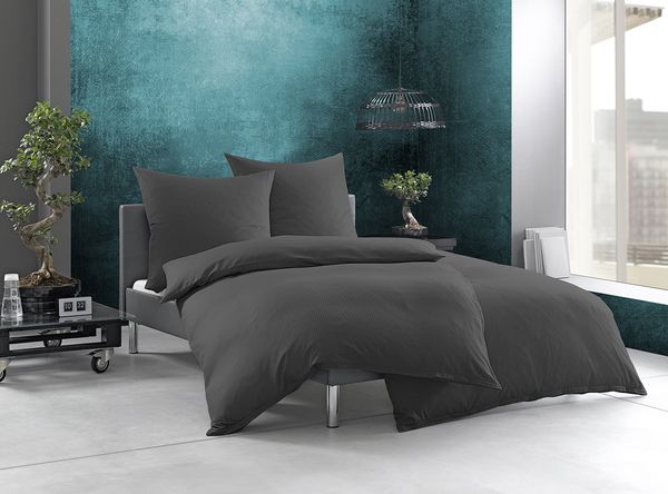 Bettwaesche-mit-Stil Mako-Satin Damast Streifen Bettwäsche „Linea“ anthrazit 4mm gestreift Garnitur 140x200 + 70x90