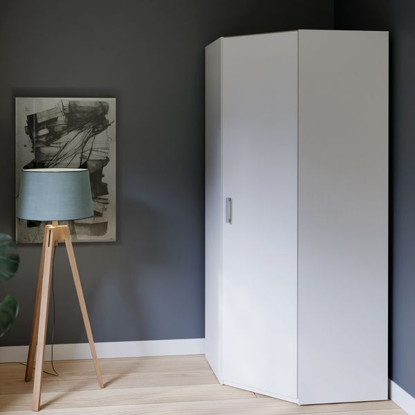 Forte ECONOBOX 2 Eckkleiderschrank 90, 1-türiger Drehtürenschrank, Holzwerkstoff, Weiß, 89,5 cm breit, 210,5 cm hoch, 89,4 cm tief