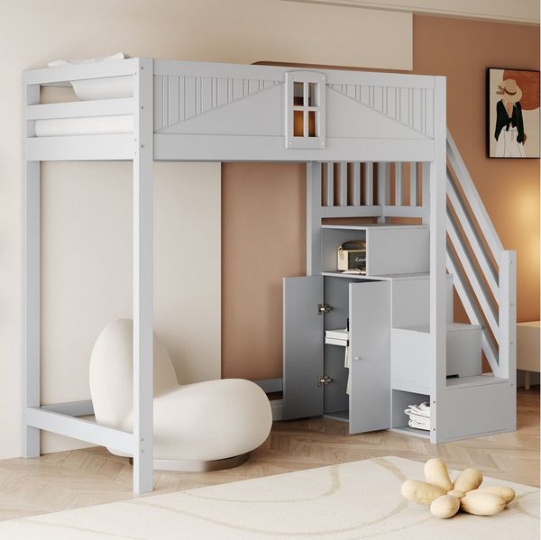 Flieks Hochbett Kinderbett 90x200 cm mit Stauraumtreppe (Links und Rechts Austauschbar)
