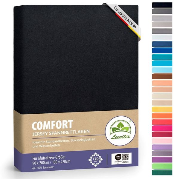 leevitex® Spannbettlaken, Premium 170g/m², Gummizug: rundum, schwer und dick, 100% Jersey-Baumwolle, Schwarz, 90 x 200 - 100 x 220 cm