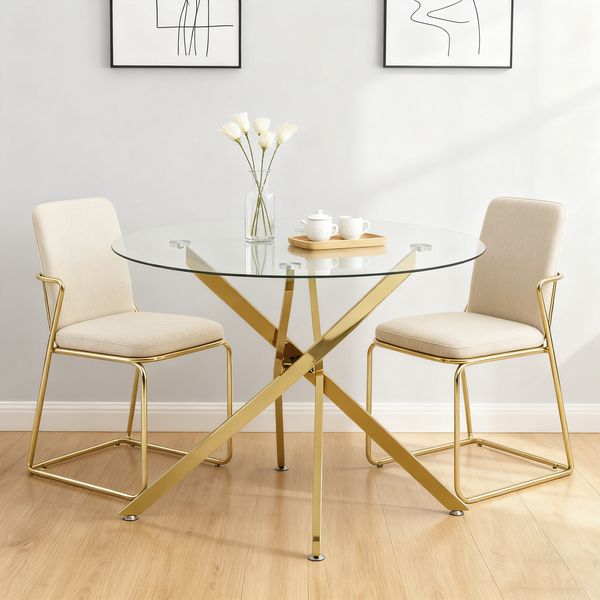 Runder Esstisch mit Platte aus gehärtetem Glas und goldfarbenen Beinen, Couchtisch, moderner minimalistischer Esstisch, 80 × 80 × 76 cm, Golden