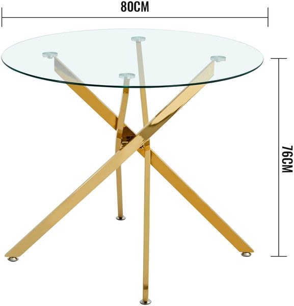 Runder Esstisch mit Platte aus gehärtetem Glas und goldfarbenen Beinen, Couchtisch, moderner minimalistischer Esstisch, 80 × 80 × 76 cm, Golden Bild 4