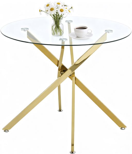 Runder Esstisch mit Platte aus gehärtetem Glas und goldfarbenen Beinen, Couchtisch, moderner minimalistischer Esstisch, 80 × 80 × 76 cm, Golden Bild 3