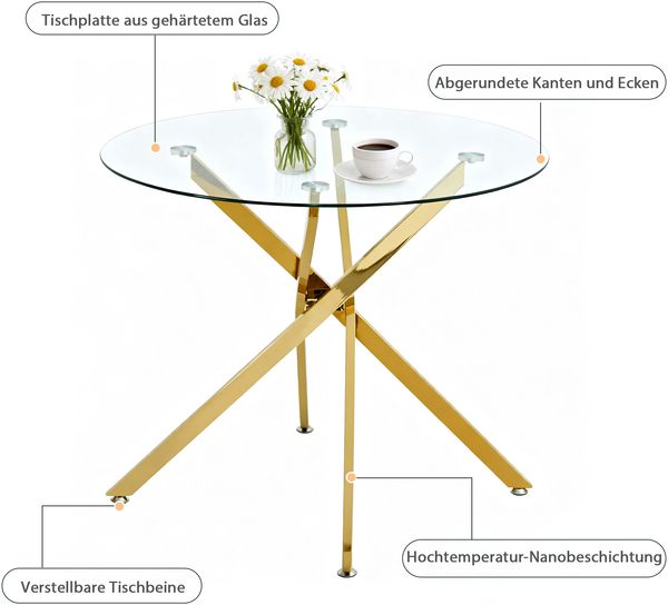 Runder Esstisch mit Platte aus gehärtetem Glas und goldfarbenen Beinen, Couchtisch, moderner minimalistischer Esstisch, 80 × 80 × 76 cm, Golden Bild 6
