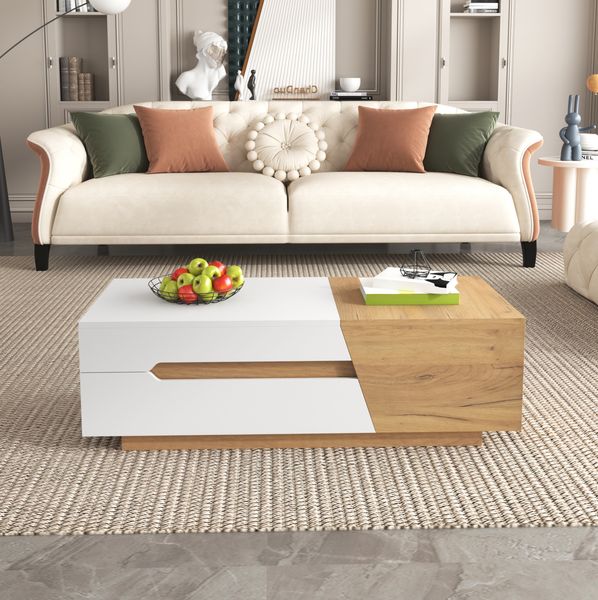 Ausziehbarer Couchtisch mit Schubladen, weiß/holzoptik, 120x50x37,5 cm