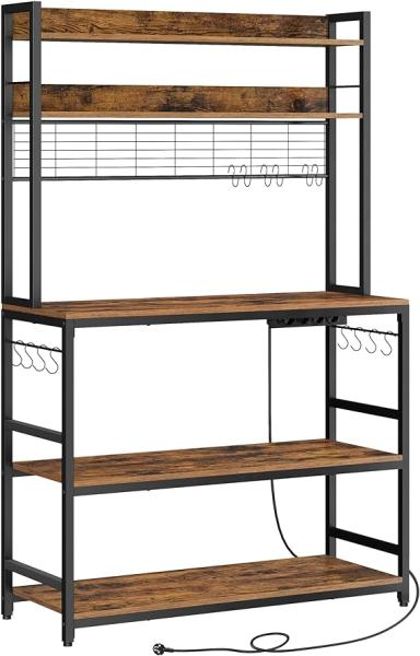 Vasagle Küchenregal mit Steckdosen, mit Gitterplatte, 14 Haken, Holz / Stahl vintagebraun / schwarz, 40 x 100 x 170 cm