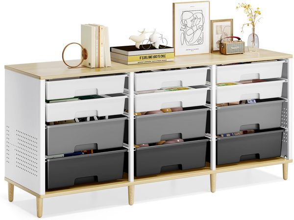 KINGRACK 12 Kommode – Mit Einer Tischplatte aus Holz Multifunktionaler Komodenschrank für Zuhause & Büro, Platzsparendes Design, Einfache Montage (Grau)