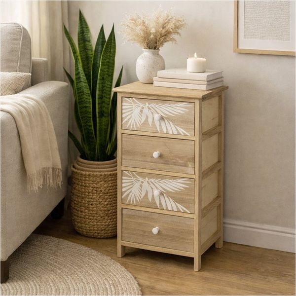 HTI-Living Kommode Kommode Melia 4 Schubladen Palmen-Design Artisaneiche-Weiß (Stück, 1 St, 1 Kommode)