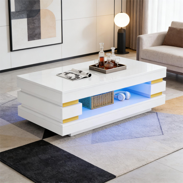 Merax Couchtisch 100*50*35cm mit ausgehöhlter Mitte zur Aufbewahrung, kaffeetisch, teetish hochglänzender LED-Streifenbeleuchtung, aus Spanplatte, weiß