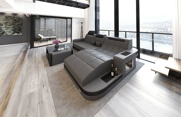 Sofa Dreams Ecksofa Wave L Form Ledersofa LED, 4-Sitzer, Echtleder Premium, Grau-Schwarz, Ottomane rechts mit Bett