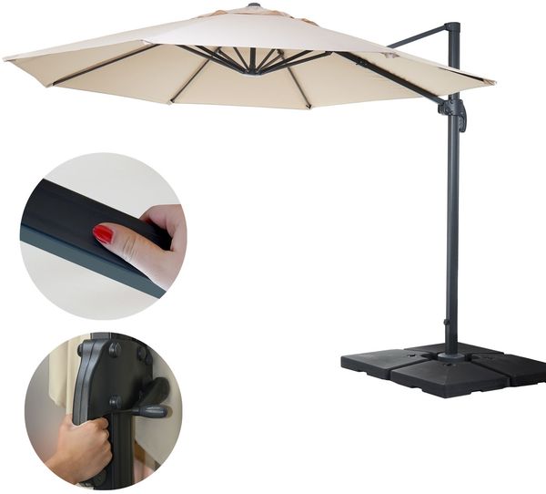 Gastronomie-Ampelschirm HWC-A96, Sonnenschirm, rund Ø 4m Polyester/Alu 27kg ~ creme mit Ständer, drehbar