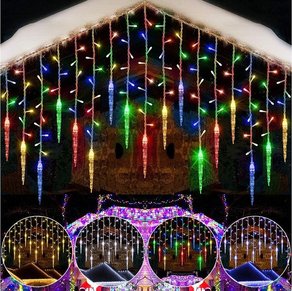 Rosnek LED-Lichtervorhang Eiszapfen-Anhänger, 8 Modi, Timer, für Traufe Weihnachtsdeko, Memory-Funktion, anschließbar, Niedrige Spannung, 96 LEDs, 3.5M