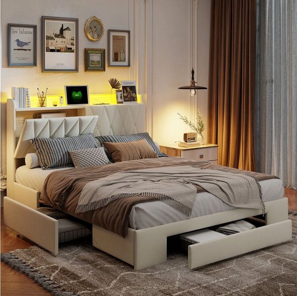 PXloue Polsterbett Stauraumbett mit Bettkasten LED Doppelbett, mit LED-Beleuchtung, 3 Schubladen, 140x200 cm, Ohne Matratze