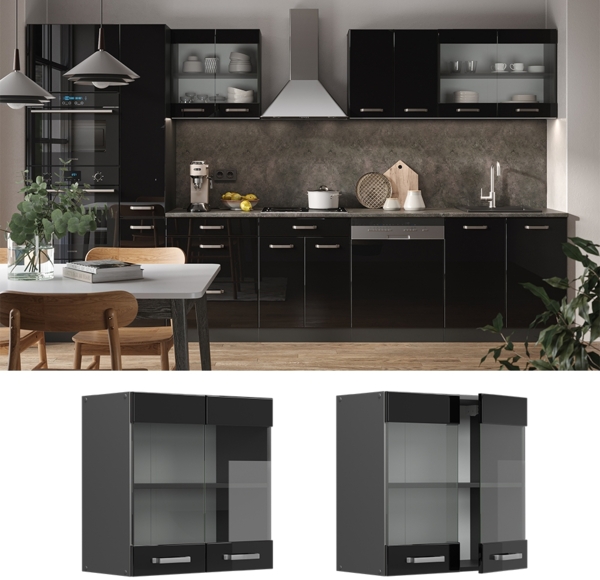 Küchenglasschrank R-Line Schwarz Hochglanz 60 cm Vicco Bild 2