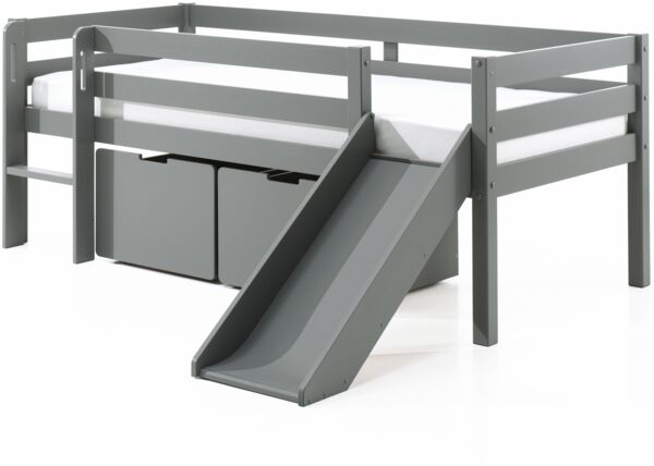 Kojen-Spielbett mit Liegefläche 90x200 cm, inkl. Leiter, Rutsche, Rolllattenrost und 2 Schubkästen, Kiefer und MDF grau lackiert