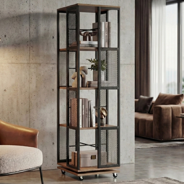 Bücherregal HWC-P13, Standregal Drehregal, Rollen drehbar, Metall Industrial Melamin MVG 147 x 40 x 40 cm ~ braun