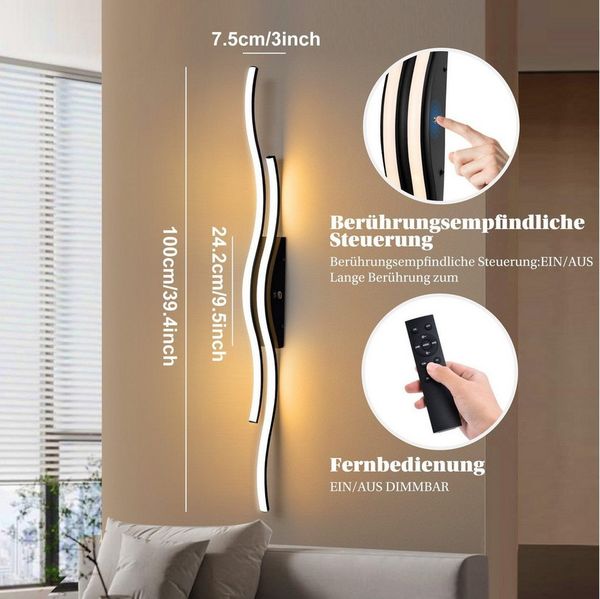 Jibenhome LED Wandleuchte LED Wandleuchte Innen Wandlampe Wave Line,Minimalistische, LED fest integriert, mit Fernbedienung & Touch-Steuerung,3000K-6000K,Timer