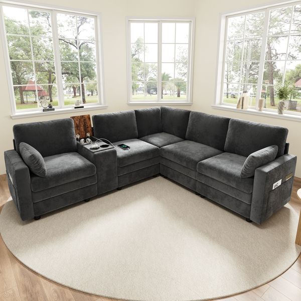 Merax Ecksofa 5-Sitzer, Sofa mit Konsole, USB-Anschlüssen & Getränkehaltern, Wendbare Mittelkonsole mit Stauraum, Modulares L-Form Sofa für Wohn- und Schlafzimmer, Grau